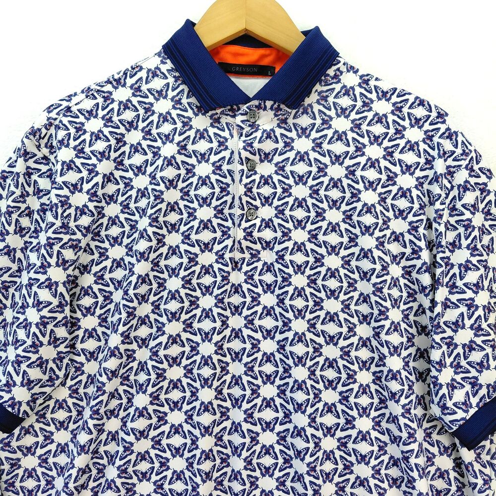 Greyson Polo Shirt Mens Large Purple Golf Butterflies Geometric Performance AOP
